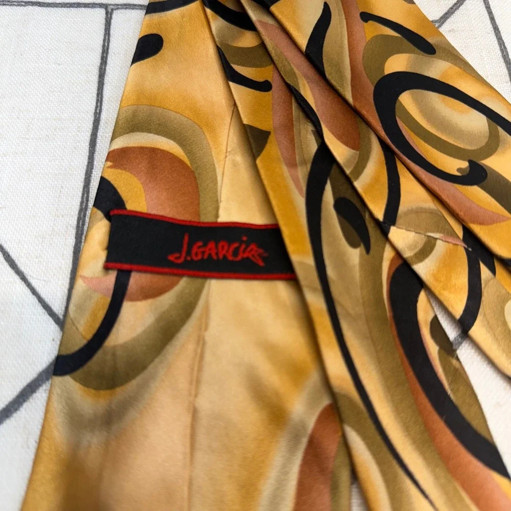 J. Garcia Necktie OS Gold Abstract‎ Psychedelic Swirl 100% Silk Tie